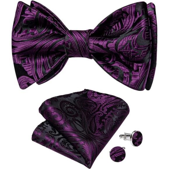 Men Bow Tie Paisley Striped Purple Black - Picture 1 of 1